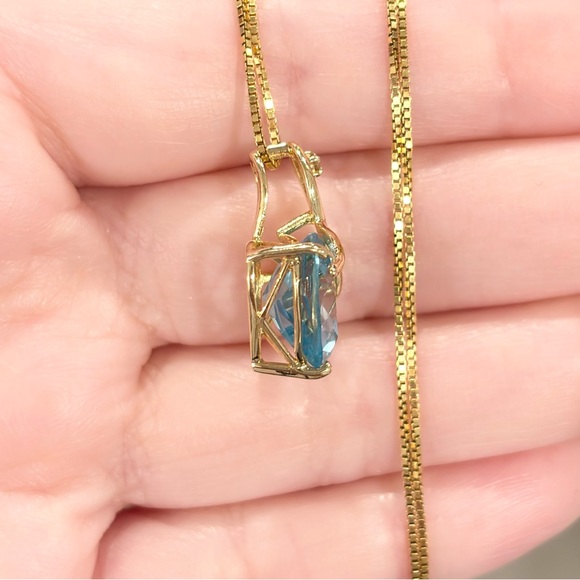 14K Gold Swiss Blue Topaz Heart Pendant: Diamond Accent Filigree - Picture 8 of 12